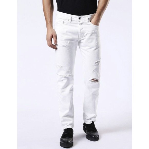 $228 Diesel Men's Buster Regular Slim Tapered Destroy Jeans 0680K White Size 30